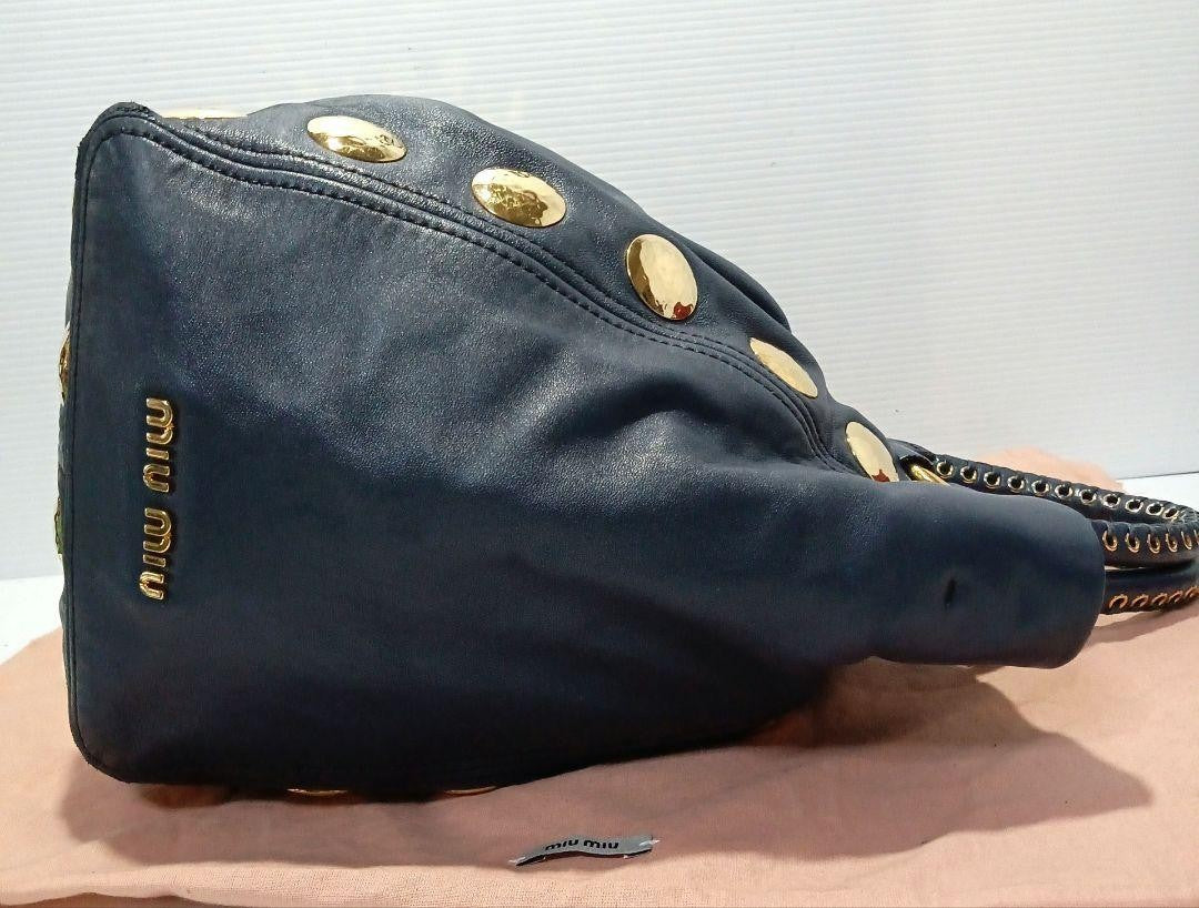 MIU MIU Hand Shoulder Bag Tote Purse 2way Logo Navy Gold Authentic