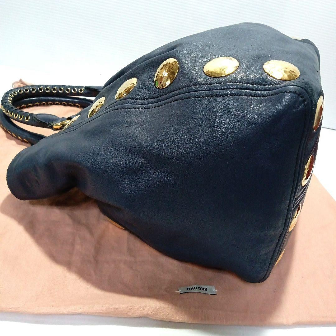 MIU MIU Hand Shoulder Bag Tote Purse 2way Logo Navy Gold Authentic