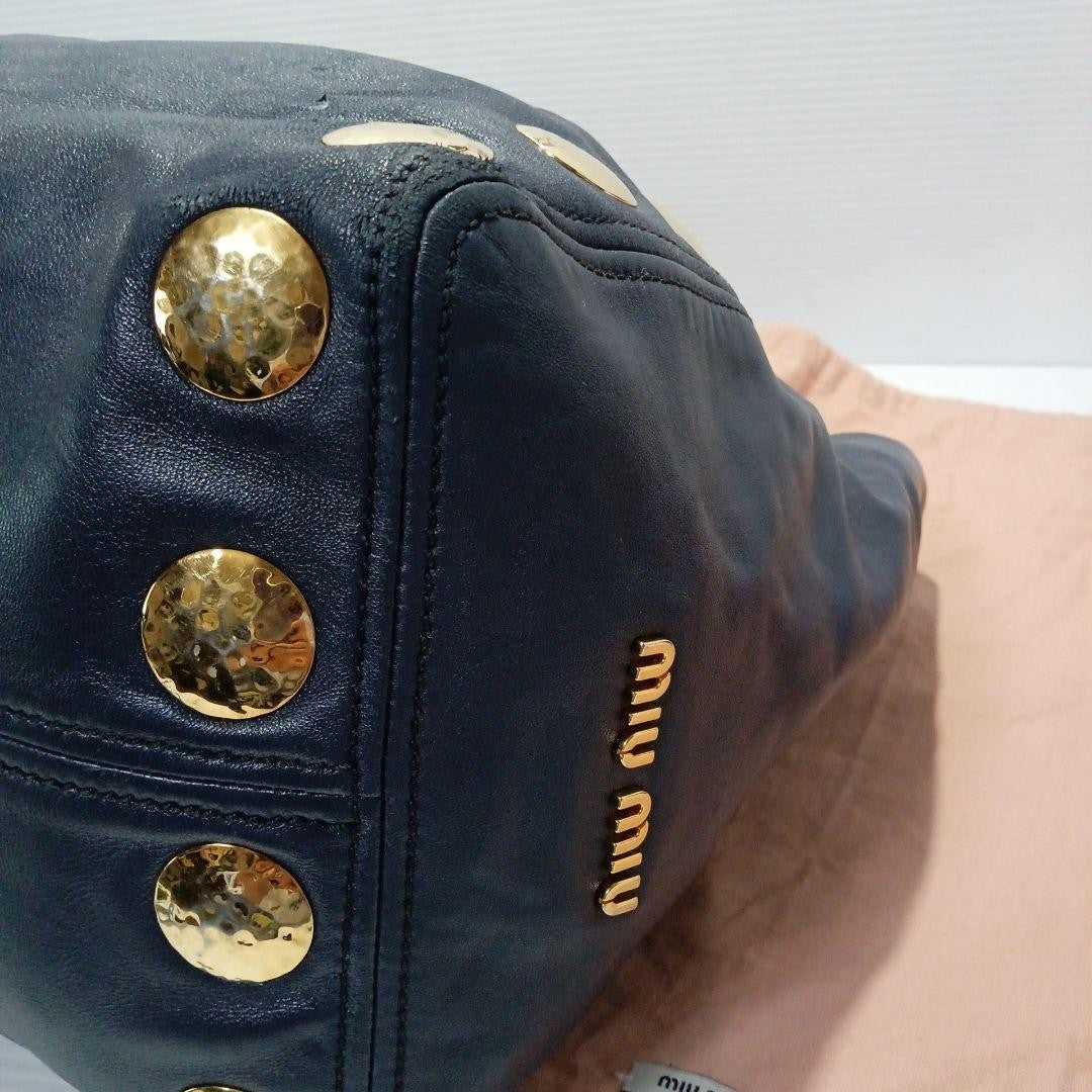 MIU MIU Hand Shoulder Bag Tote Purse 2way Logo Navy Gold Authentic