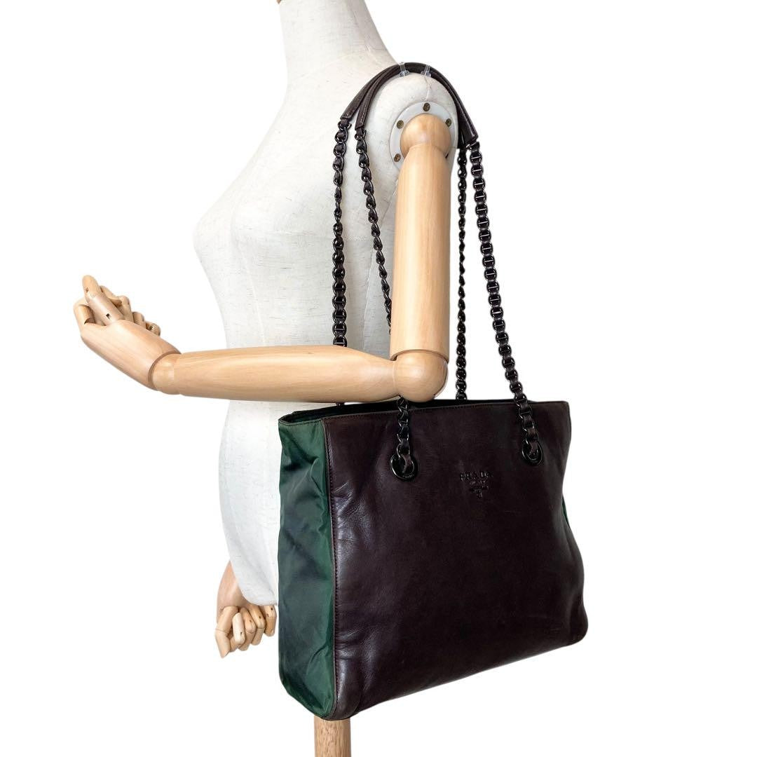 PRADA Hand Bag Tote Purse Chain Leather Khaki Brown Authentic