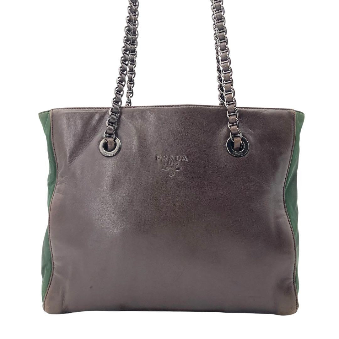 PRADA Hand Bag Tote Purse Chain Leather Khaki Brown Authentic