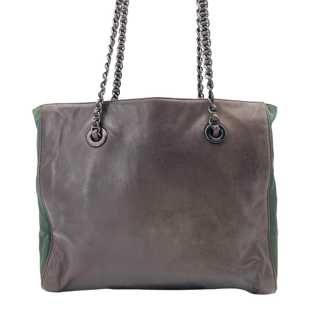 PRADA Hand Bag Tote Purse Chain Leather Khaki Brown Authentic