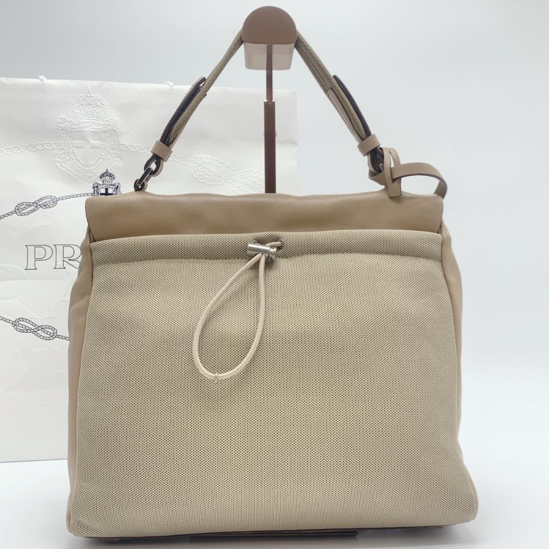 PRADA Hand Bag Tote Purse Nylon Leather Canvas Beige Authentic