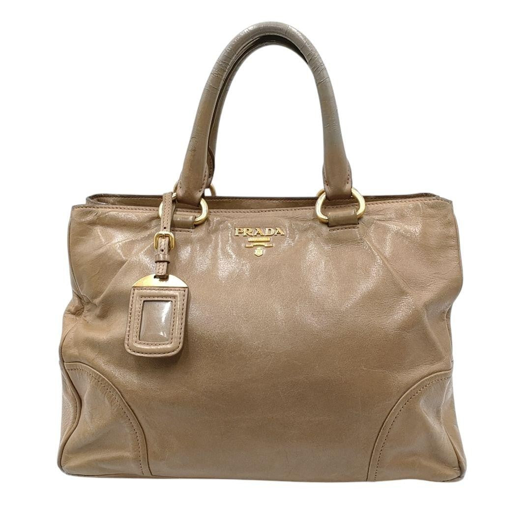 PRADA Hand Bag Tote Purse Leather Mocha Beige Authentic
