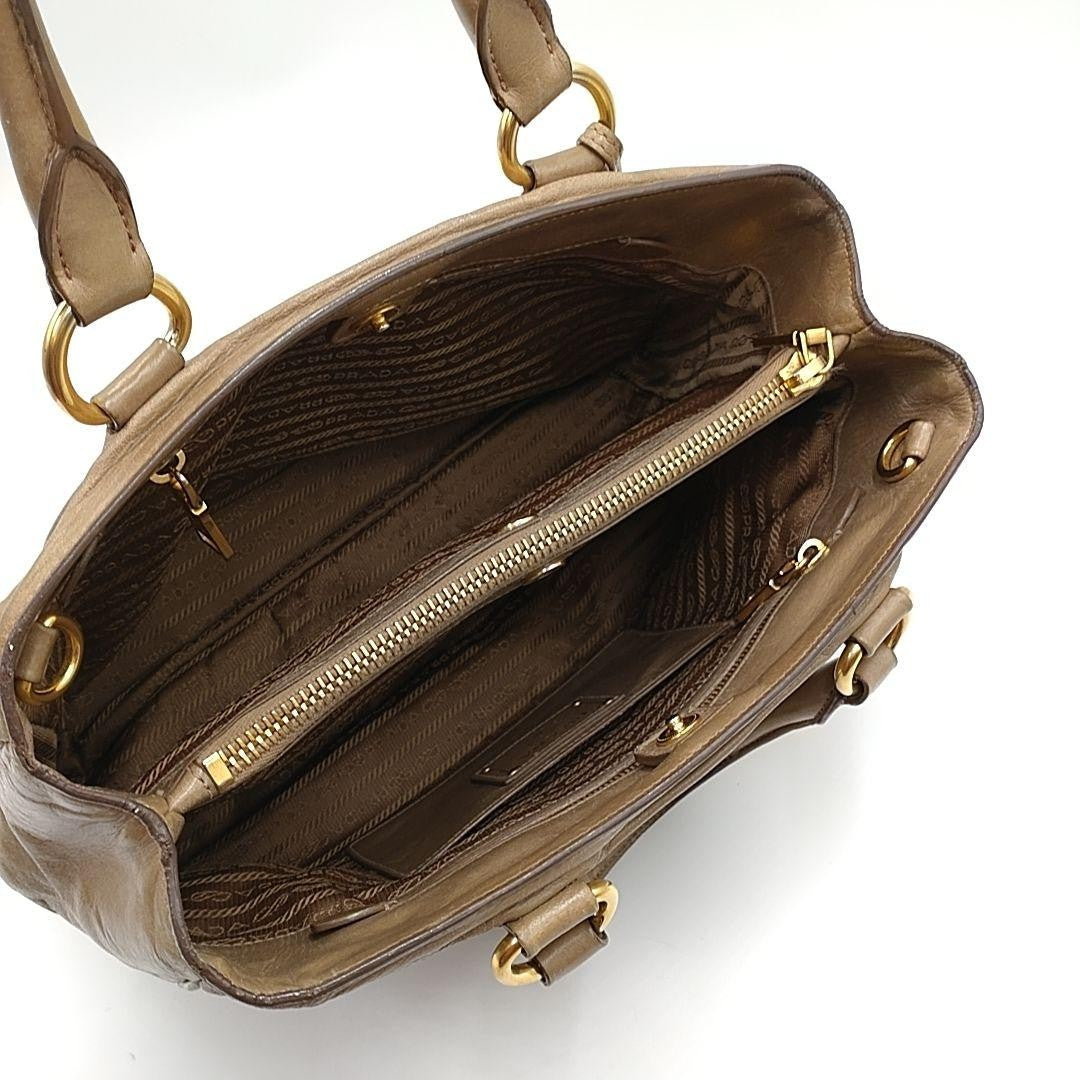 PRADA Hand Bag Tote Purse Leather Mocha Beige Authentic