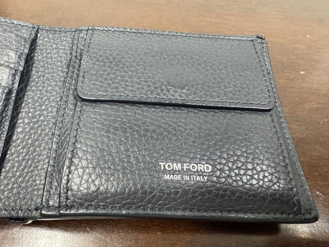 TOM FORD Bi-fold Wallet Flap Compact Purse Leather Navy Black Authentic