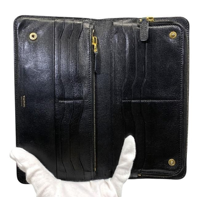 TOM FORD Round Zip Long Wallet Purse Logo Leather Black Authentic
