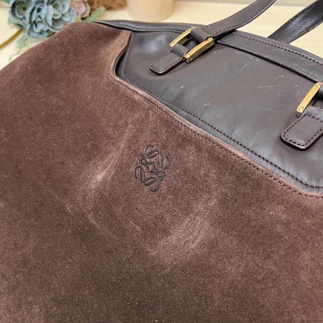 LOEWE Hand Bag Tote Purse Anagram Suede Leather Brown Authentic