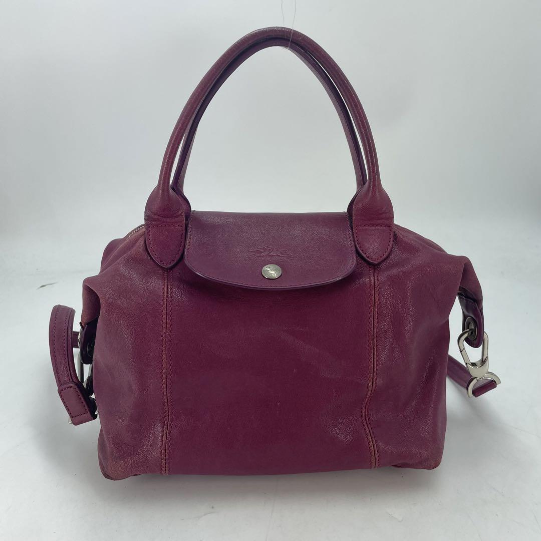 Longchamp handbag Purse Le Pliage Purple Leather Authentic Women's Used