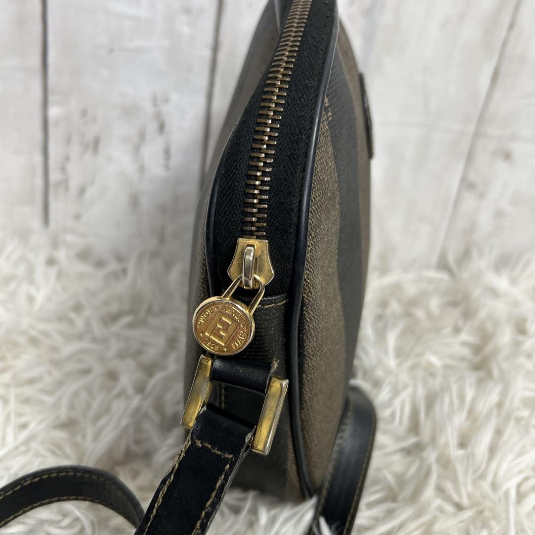 FENDI Shoulder Bag Purse FF Pecan PVC Leather Brown Black Authentic
