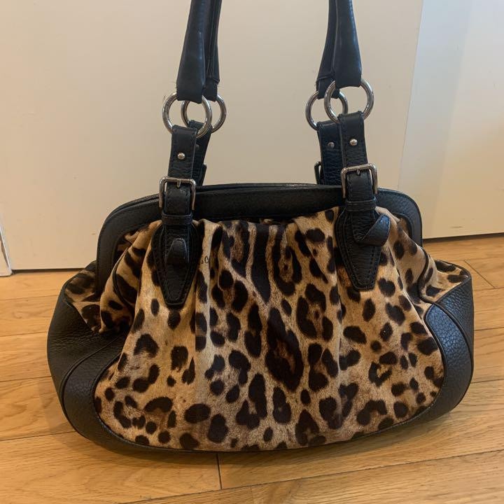 Dolce & Gabbana Hand Bag Tote Purse Leopard Leather Canvas Authentic