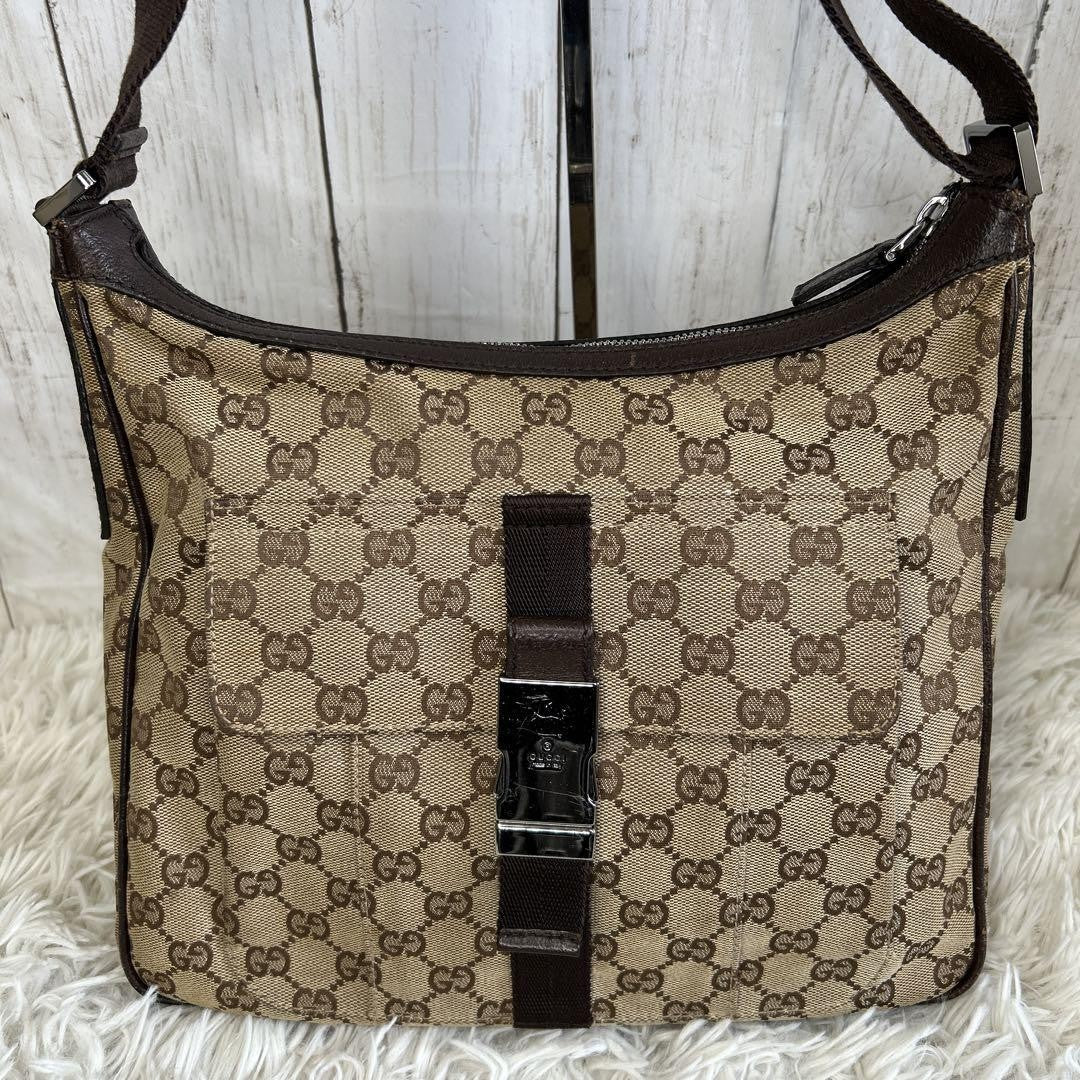 GUCCI Shoulder Bag Purse GG Canvas Leather Authentic Brown