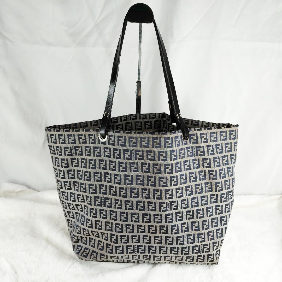 FENDI Hand Bag Tote Purse FF Zucchino Leather Black Authentic