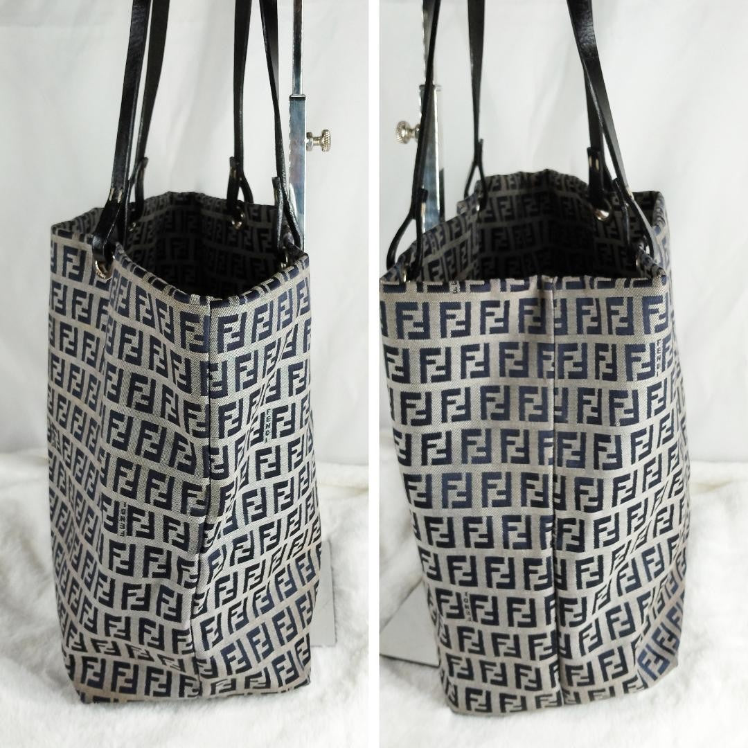 FENDI Hand Bag Tote Purse FF Zucchino Leather Black Authentic