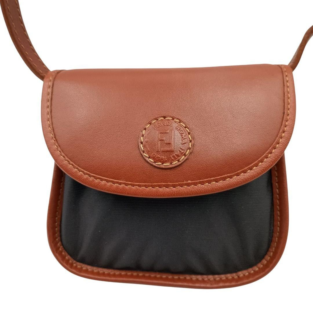 FENDI Mini Shoulder Bag Purse FF Leather Nylon Black Brown Authentic