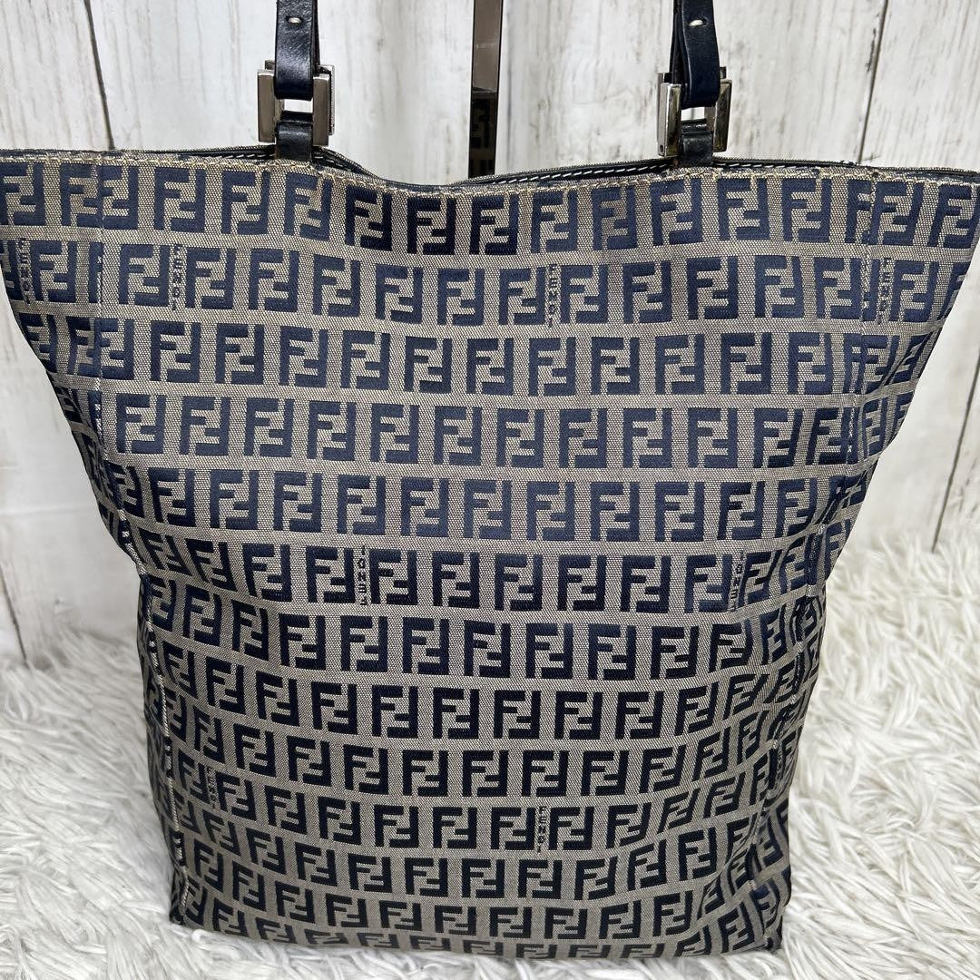 FENDI Hand Bag Tote Purse FF Zucchino Leather Navy Authentic