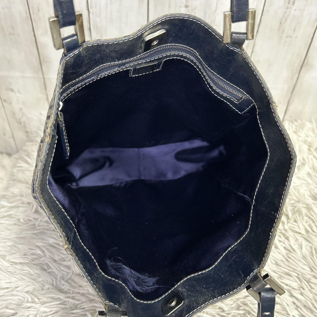 FENDI Hand Bag Tote Purse FF Zucchino Leather Navy Authentic