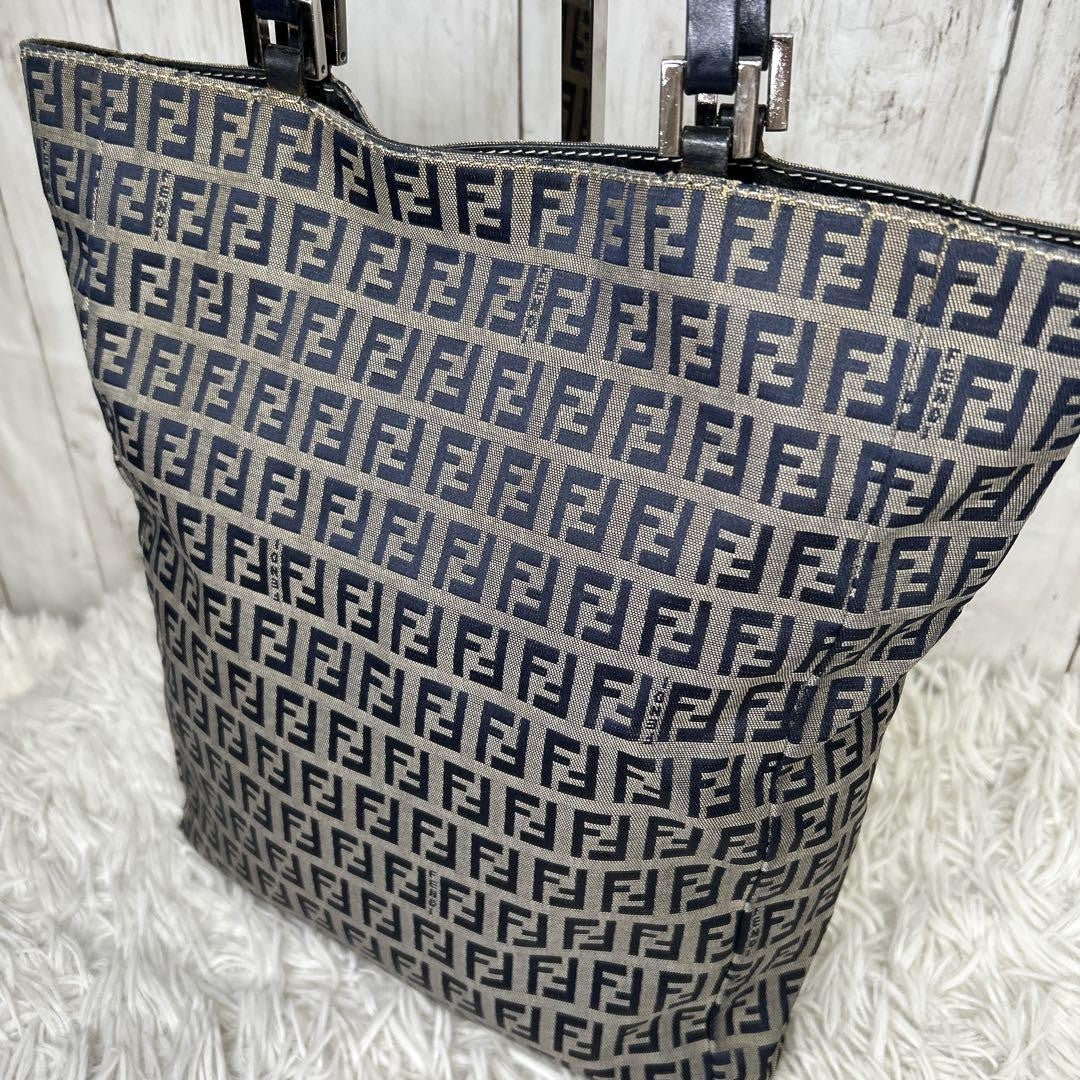 FENDI Hand Bag Tote Purse FF Zucchino Leather Navy Authentic