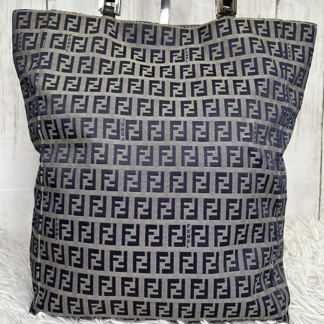 FENDI Hand Bag Tote Purse FF Zucchino Leather Navy Authentic