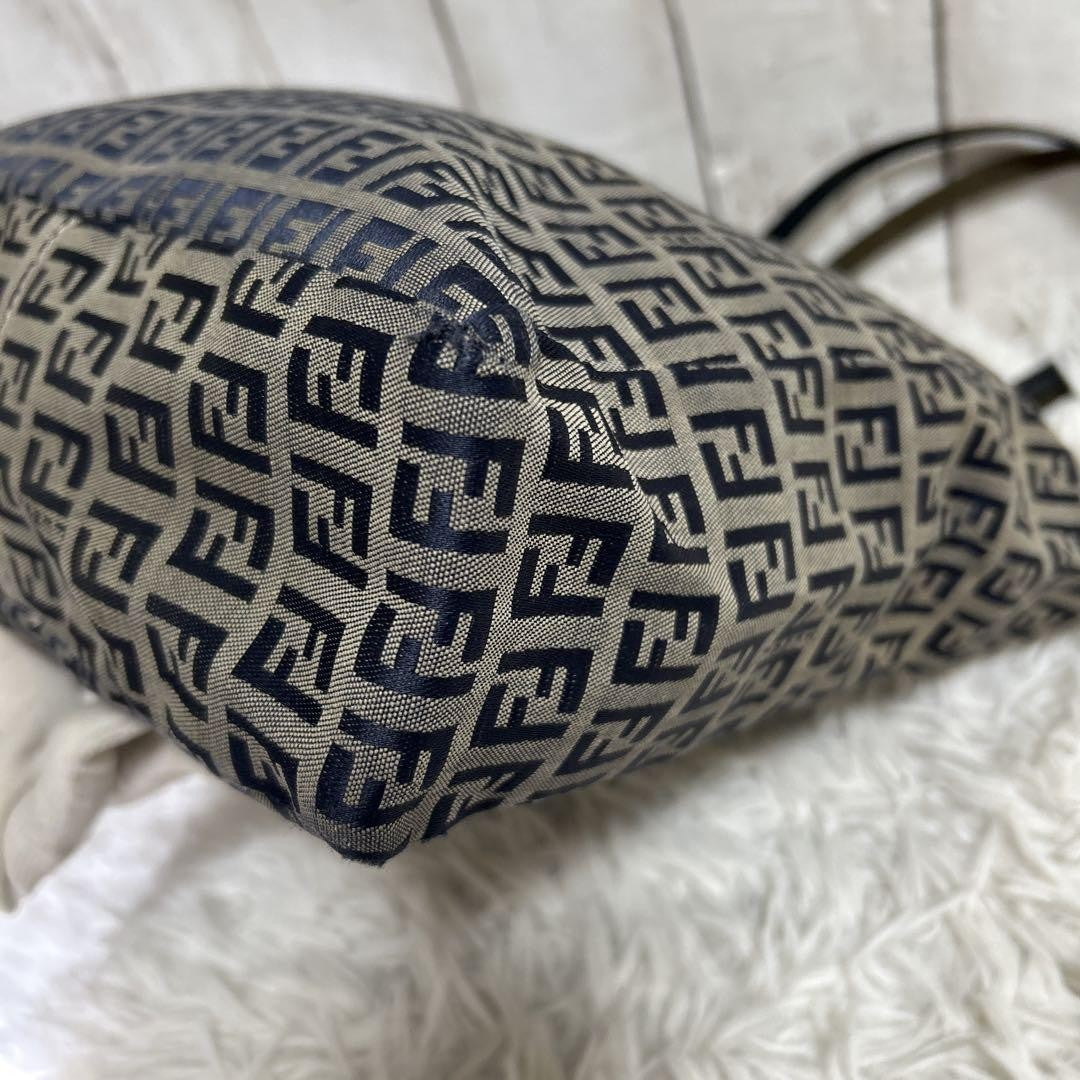 FENDI Hand Bag Tote Purse FF Zucchino Leather Navy Authentic