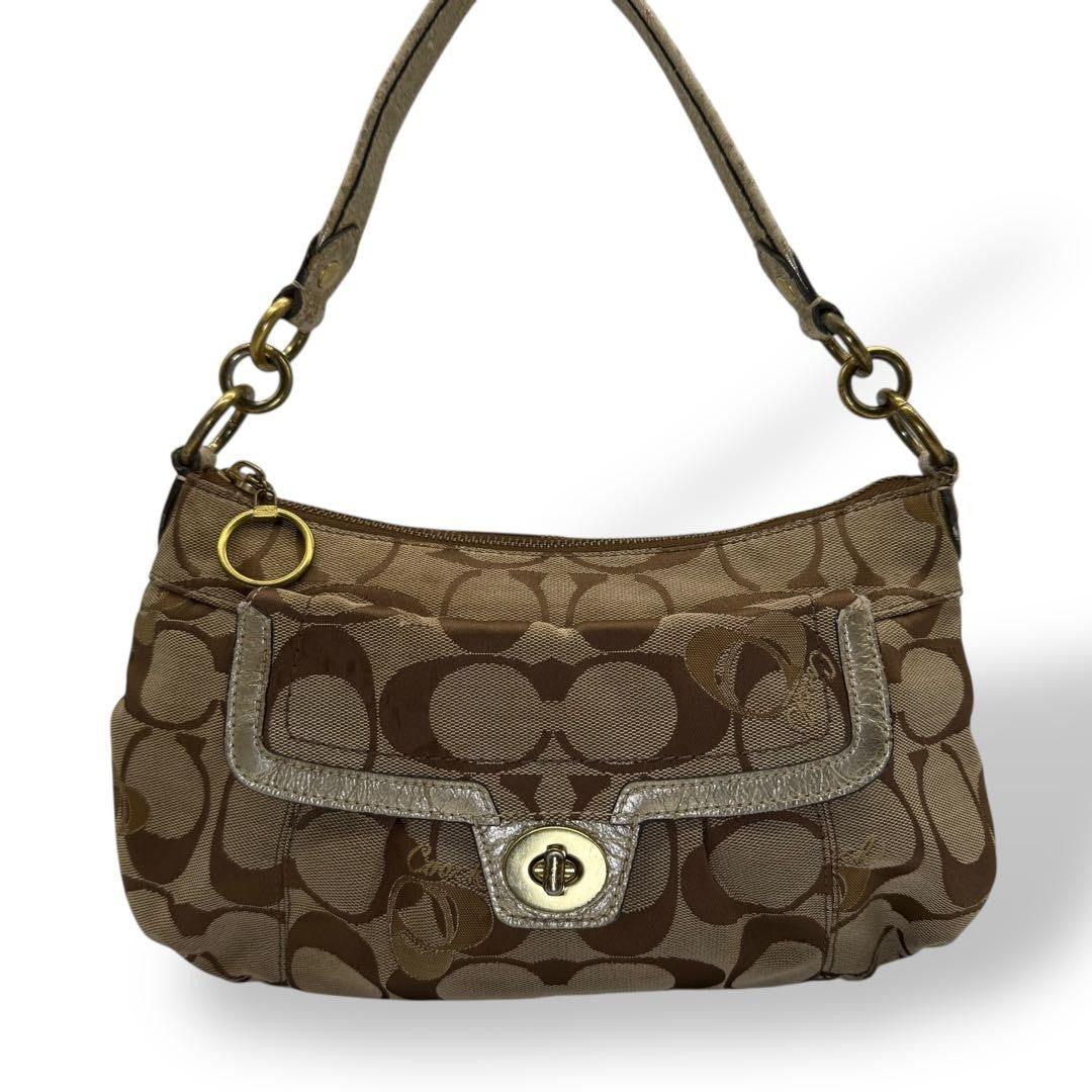 COACH Shoulder Bag Purse 2way Turn Lock Gold Brown Authentic