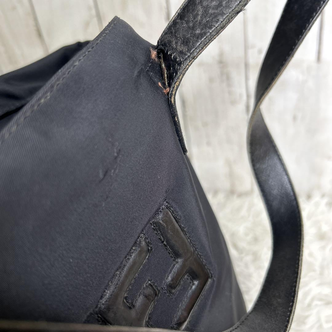 FENDI Hand Shoulder Bag Tote Purse FF Nylon Black Authentic