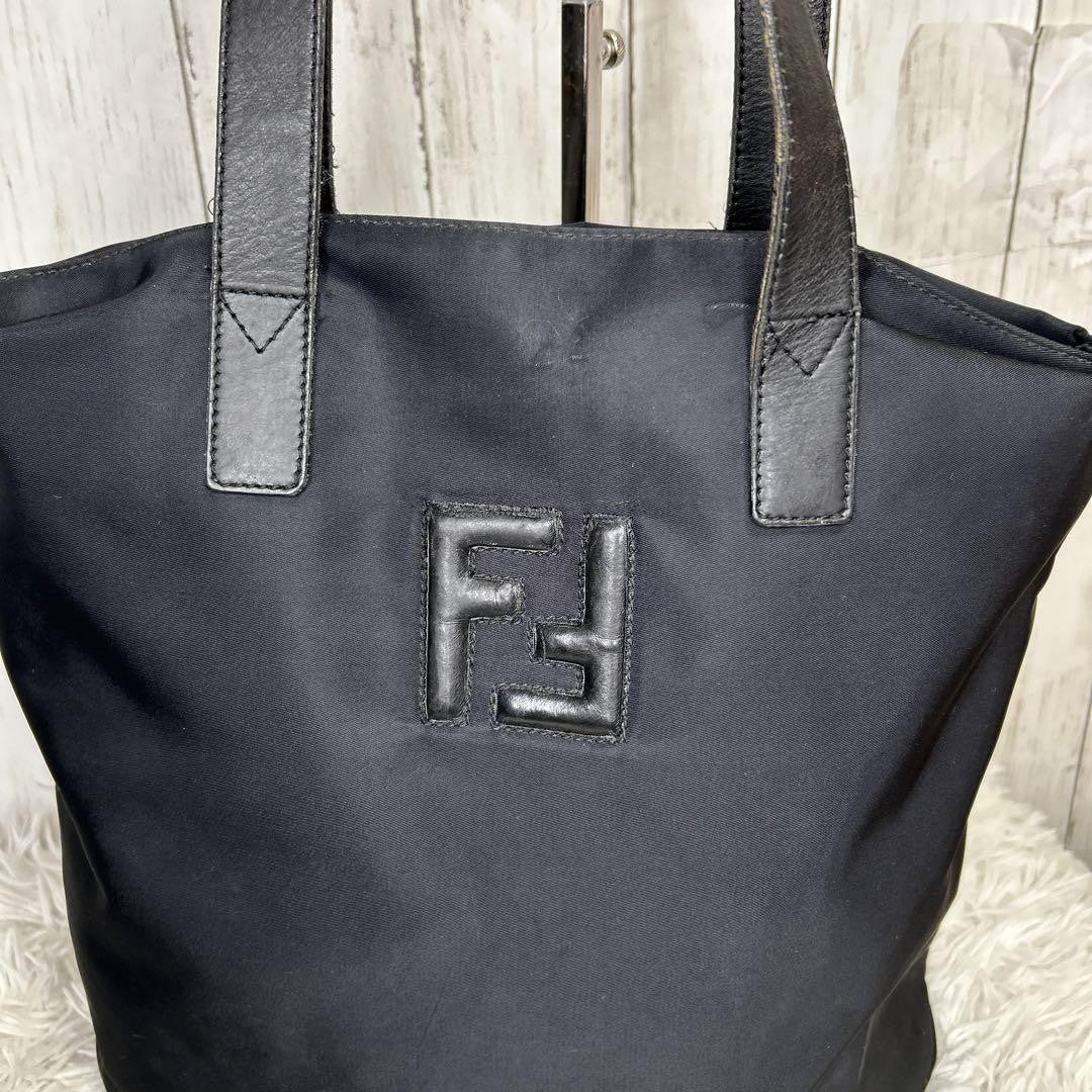 FENDI Hand Shoulder Bag Tote Purse FF Nylon Black Authentic