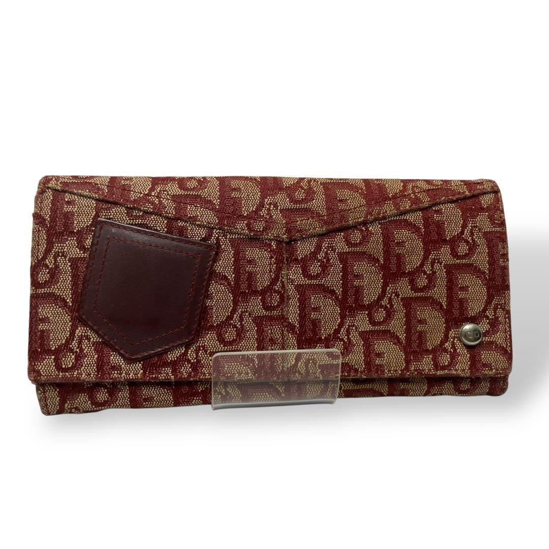 Christian Dior Flap Wallet Long Purse Trotter Canvas Leather Beige Red Authentic