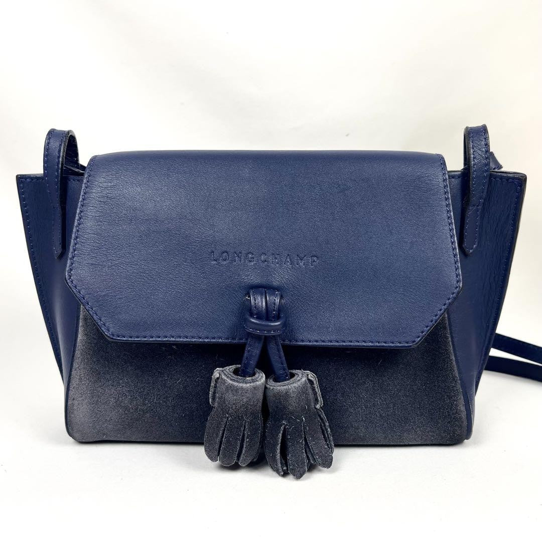 Longchamp Shoulder Bag Purse Logo Leather Navy Gray Authentic