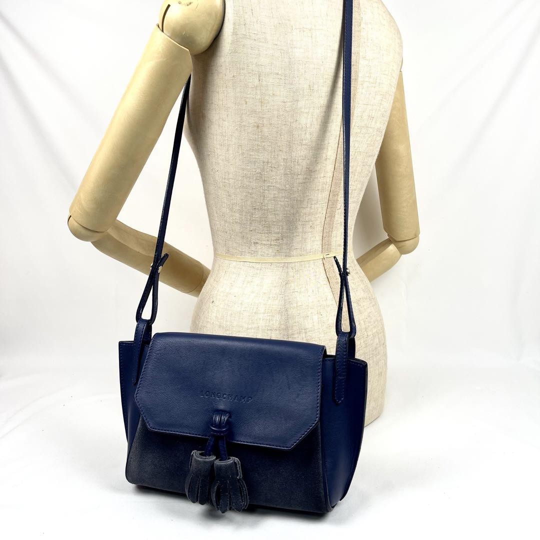 Longchamp Shoulder Bag Purse Logo Leather Navy Gray Authentic