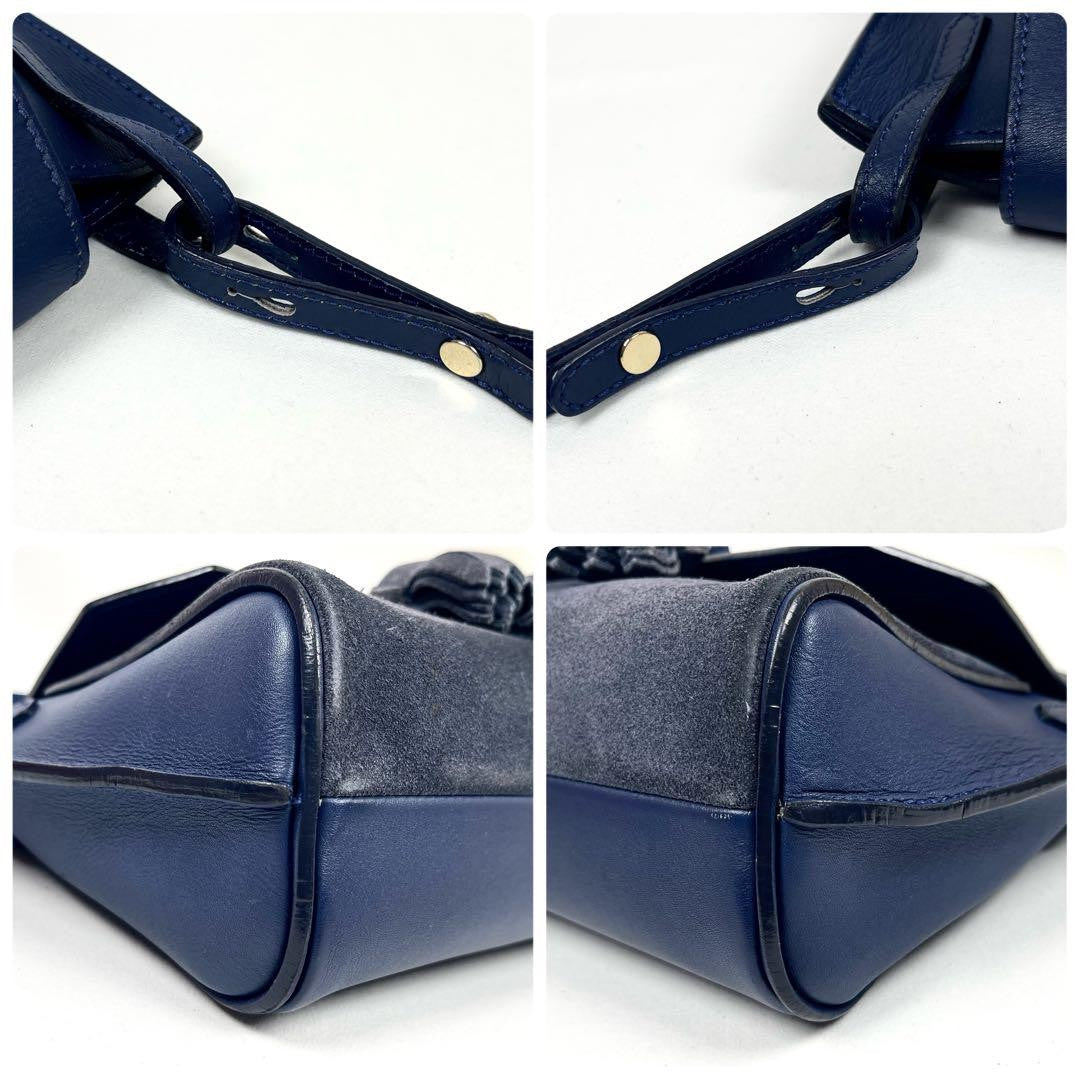 Longchamp Shoulder Bag Purse Logo Leather Navy Gray Authentic