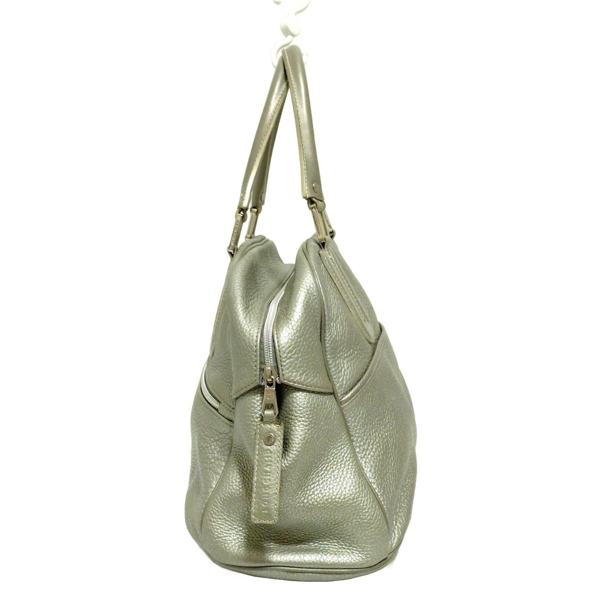 Longchamp Boston Bag Hand Bag Tote Purse Leather Silver Authentic