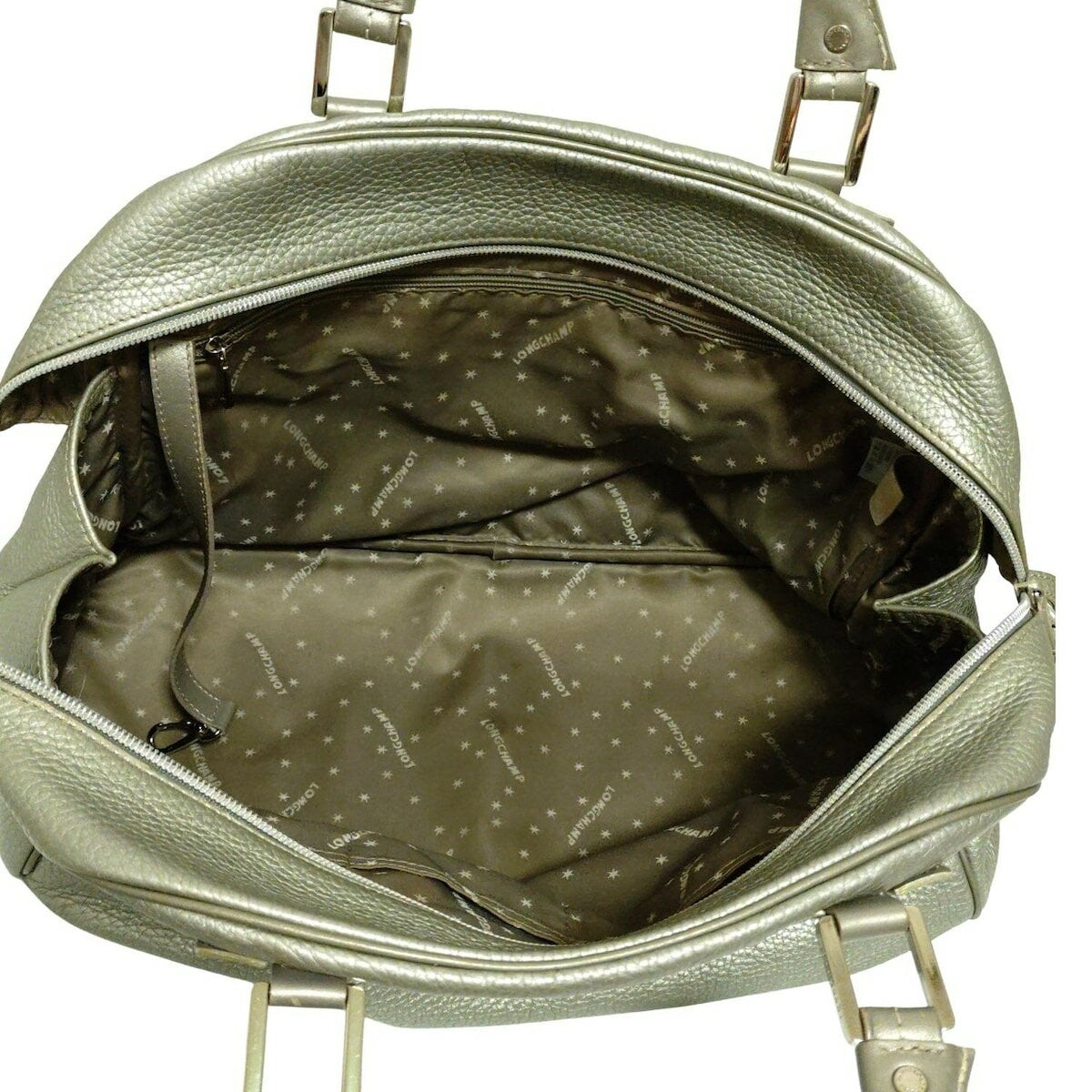 Longchamp Boston Bag Hand Bag Tote Purse Leather Silver Authentic