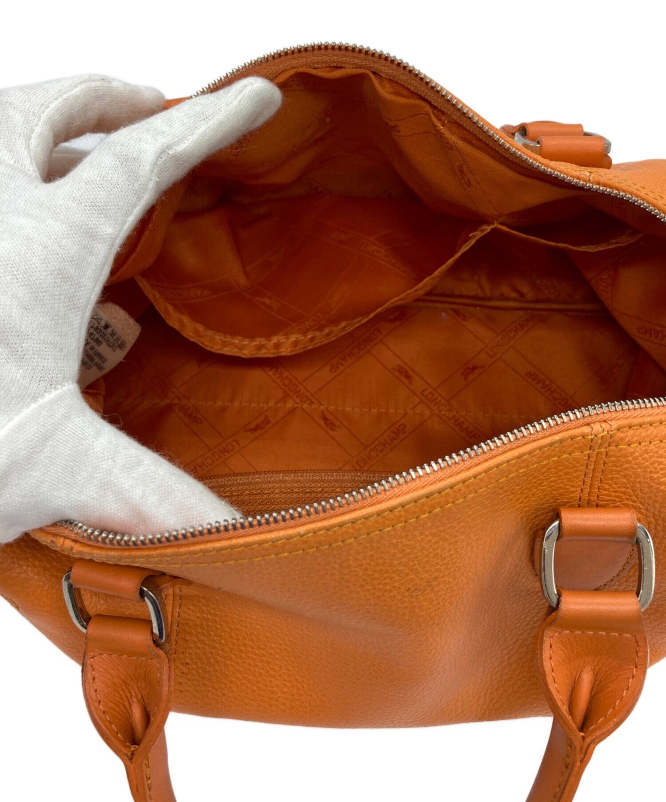 Longchamp Mini Boston Bag Hand Bag Tote Purse Leather Orange Authentic