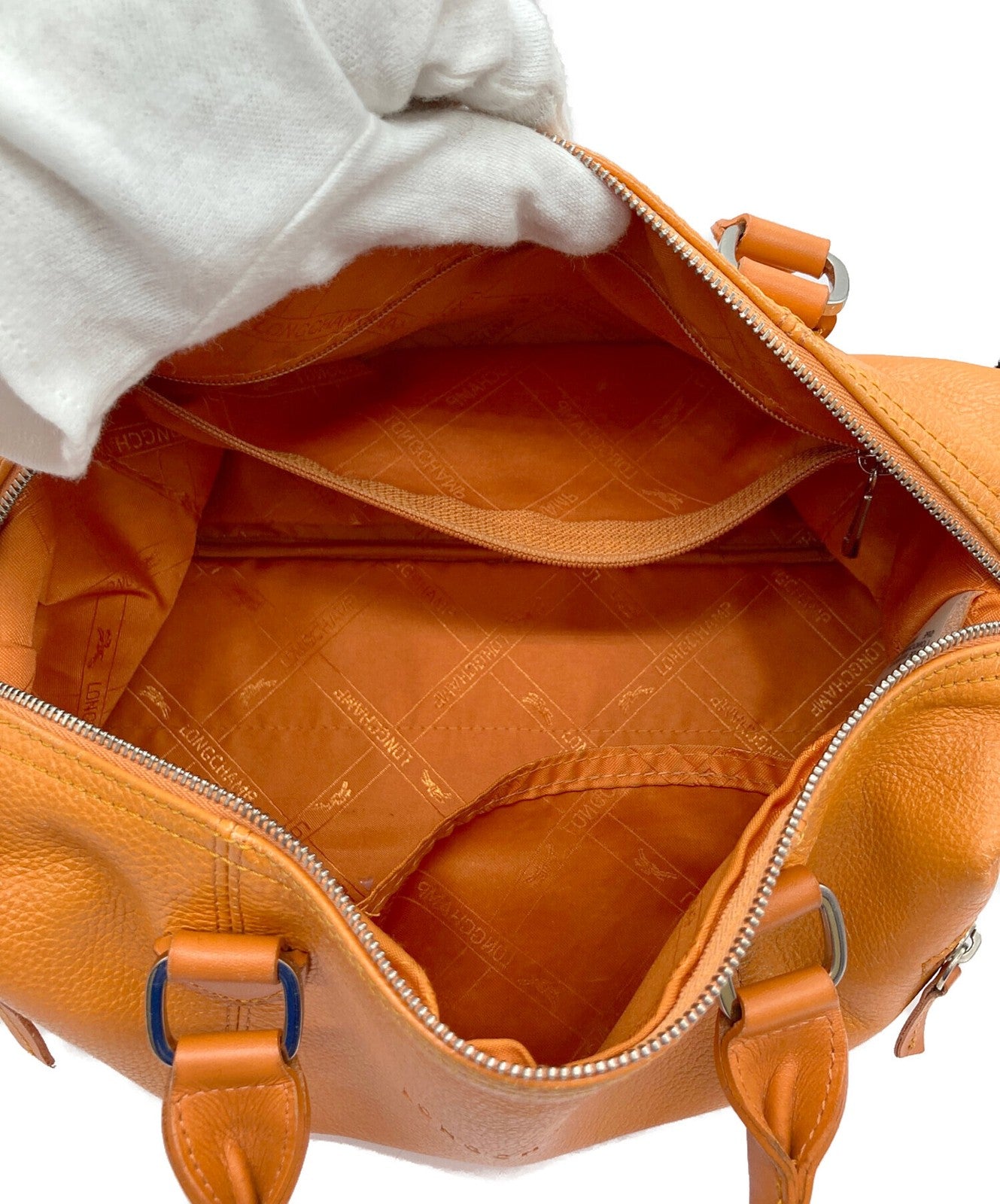 Longchamp Mini Boston Bag Hand Bag Tote Purse Leather Orange Authentic