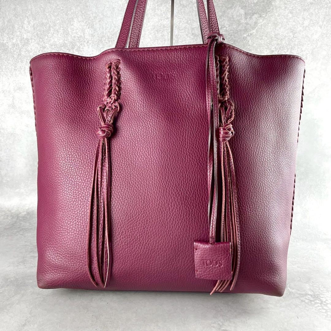 TOD'S Hand Bag Tote Purse Leather Bordeaux Authentic