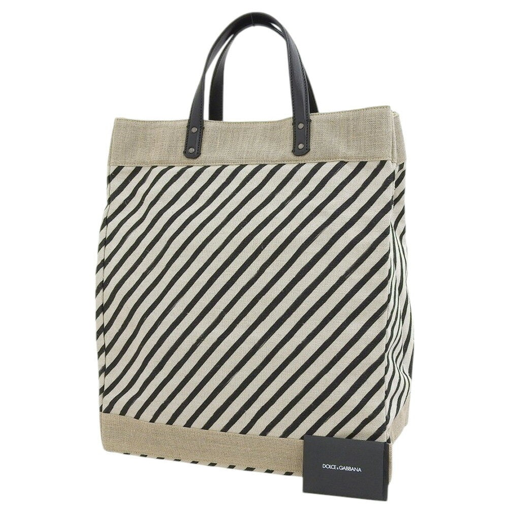 Dolce & Gabbana Hand Bag Tote Purse Linen Canvas Leather White Black Authentic