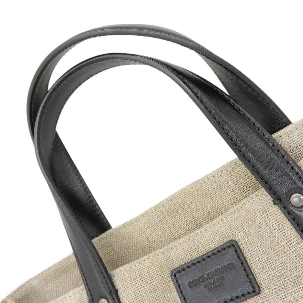 Dolce & Gabbana Hand Bag Tote Purse Linen Canvas Leather White Black Authentic