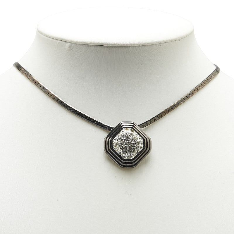 Saint Laurent Necklace Pendant YSL Cassandra Rhinestone Silver Black Authentic