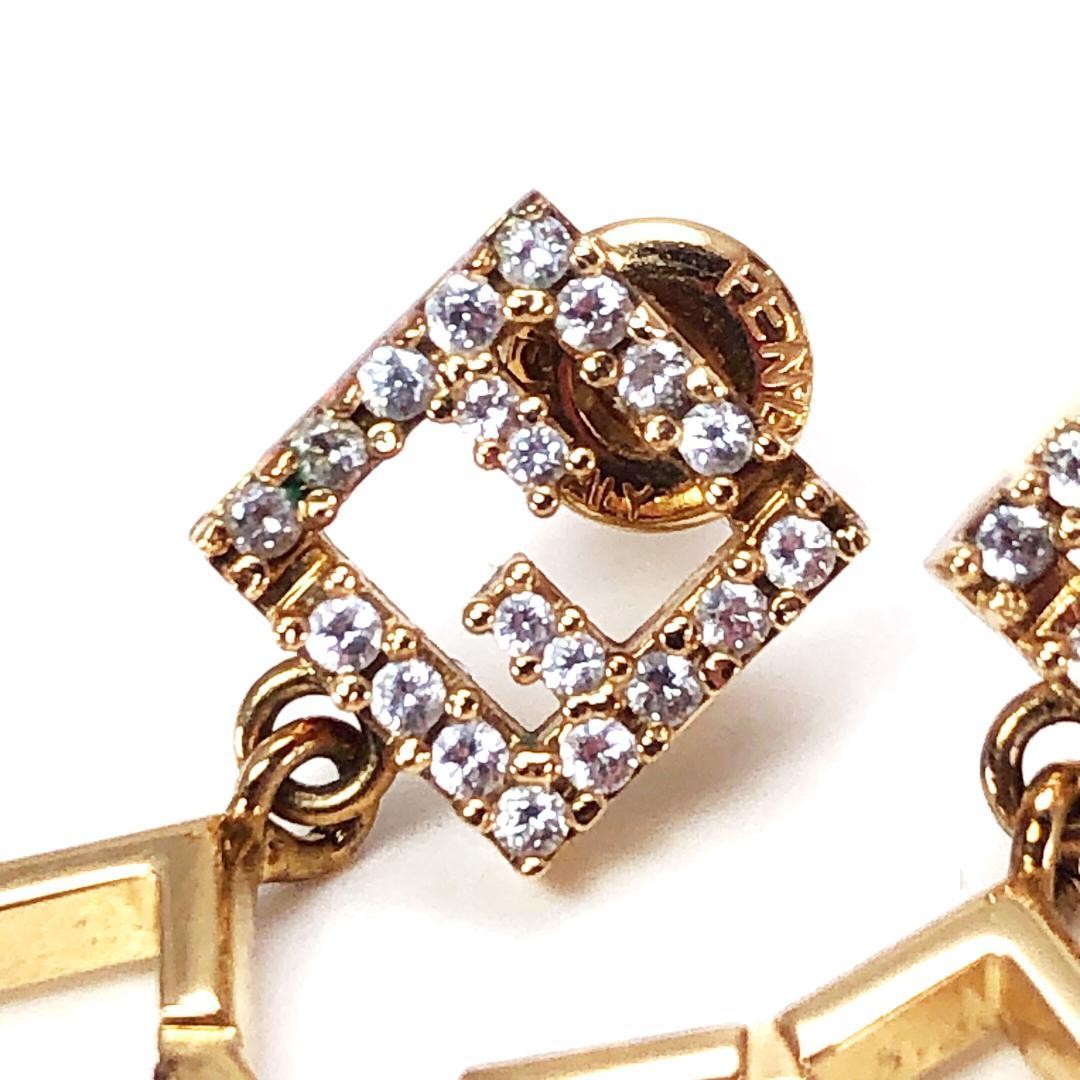 FENDI Earrings FF GP Rhinestone Gold Women Accessory Authentic