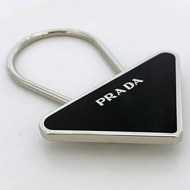 PRADA Key Ring Keychain Bag Charm Logo Metal Silver Black Authentic