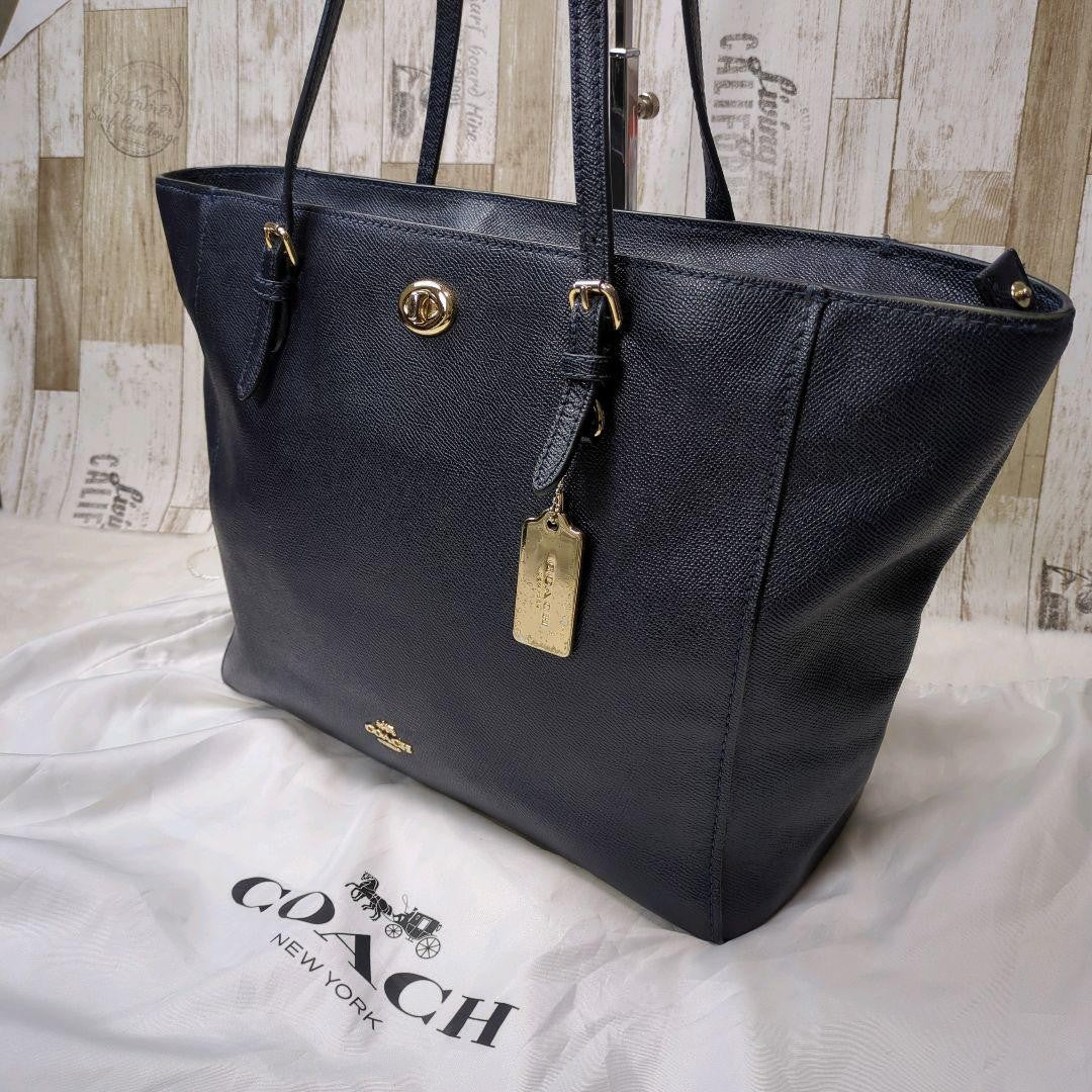 COACH Hand Bag Tote Purse 57443 Leather Navy Authentic