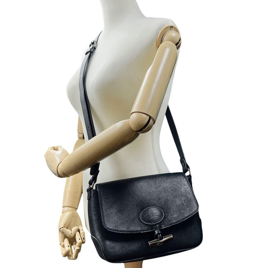 Longchamp shoulder bag Purse Black Leather Women's Authentic Used