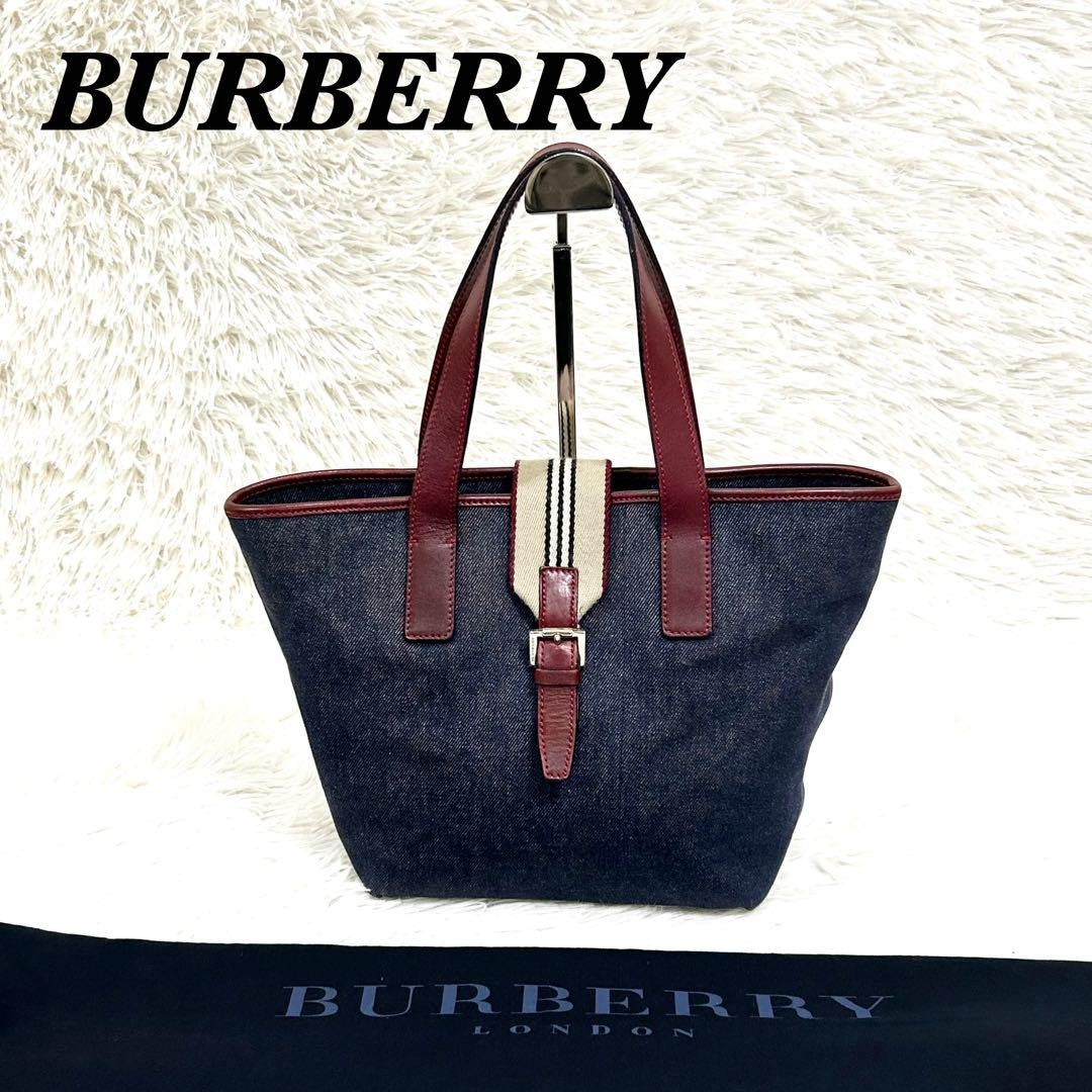 BURBERRY Hand Bag Tote Purse Canvas Leather Navy Bordeaux Authentic