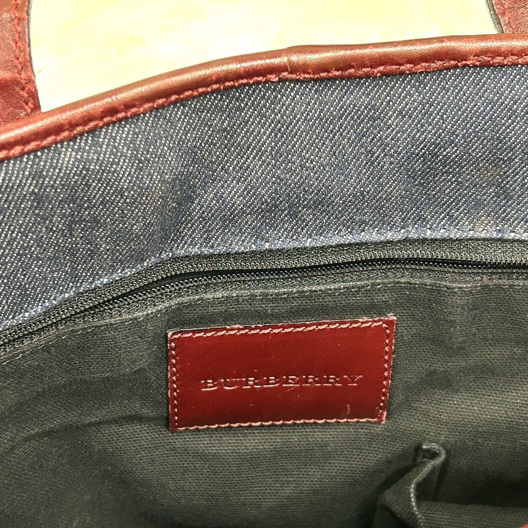 BURBERRY Hand Bag Tote Purse Canvas Leather Navy Bordeaux Authentic