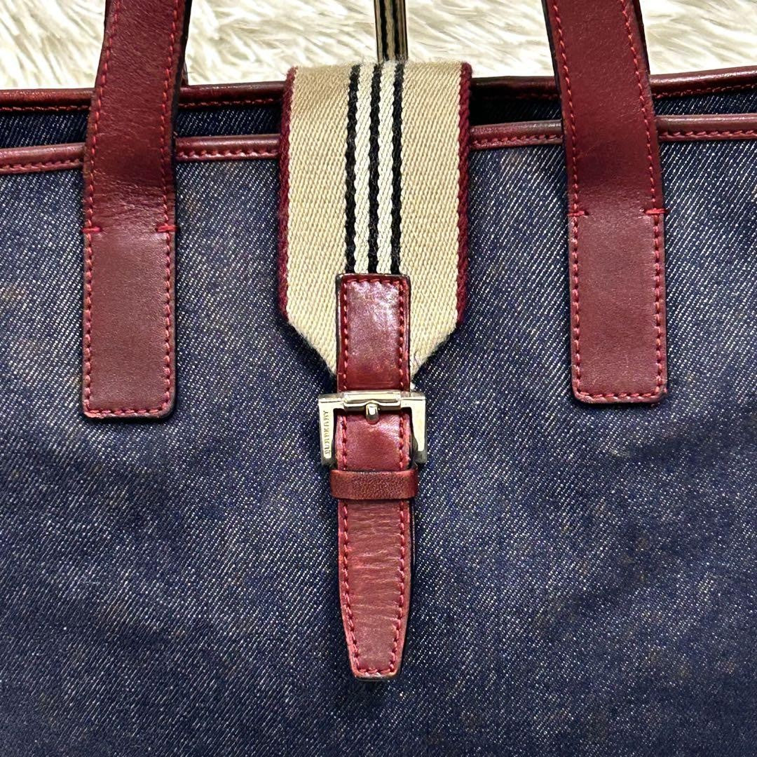 BURBERRY Hand Bag Tote Purse Canvas Leather Navy Bordeaux Authentic