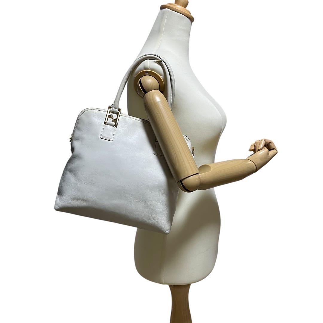 FENDI Hand Bag Tote Purse Canvas Leather White Authentic