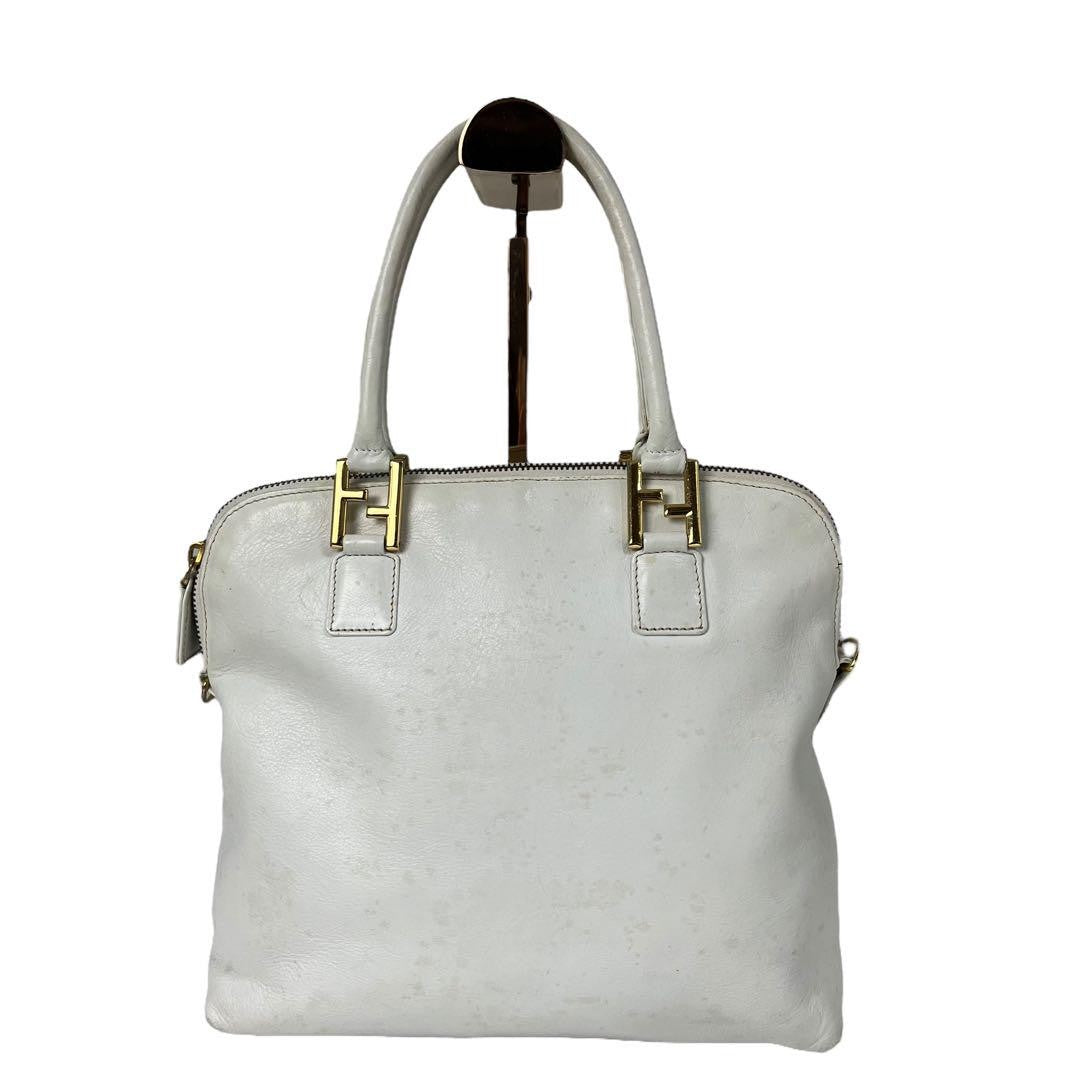 FENDI Hand Bag Tote Purse Canvas Leather White Authentic