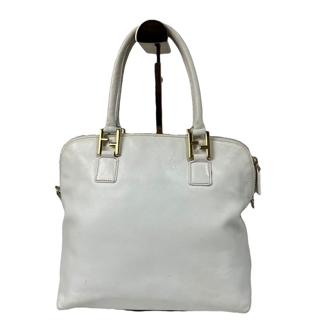 FENDI Hand Bag Tote Purse Canvas Leather White Authentic