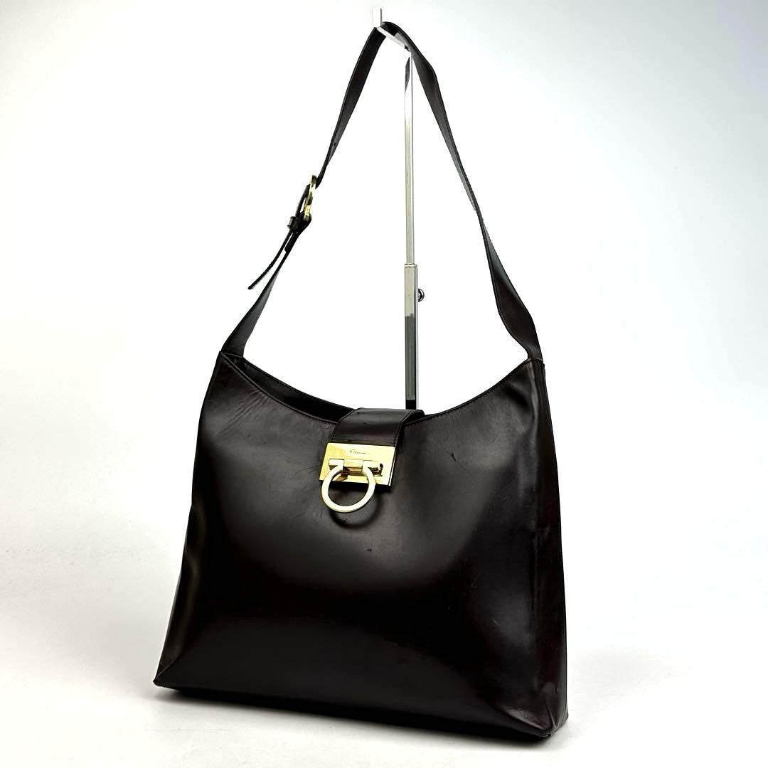 Salvatore Ferragamo Shoulder Bag Purse Gancini Leather Dark Brown Authentic